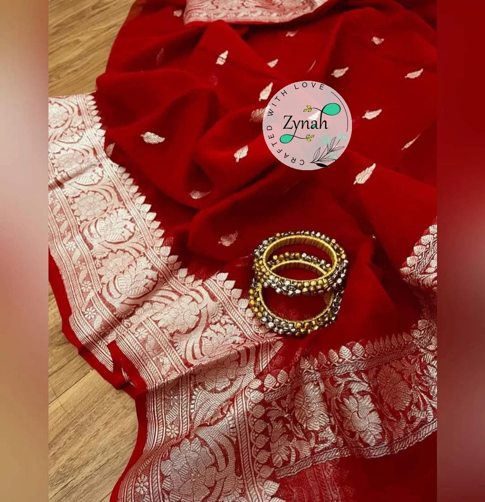 Zynah Pure Banarasi Handloom Khaddi Georgette Saree with Zari Border & Butis; Custom Stitched/Ready-made Blouse, Fall, Petticoat; Shipping available USA, Worldwide