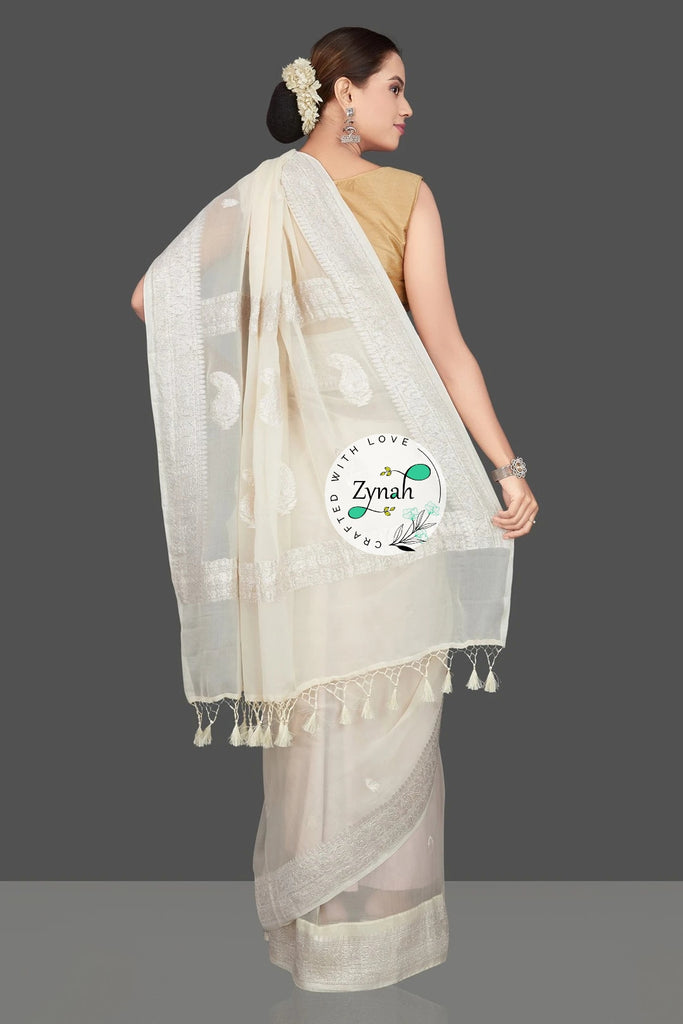 Zynah Pure Banarasi Handloom Khaddi Georgette Saree with Zari Border & Butis; Custom Stitched/Ready-made Blouse, Fall, Petticoat; Shipping available USA, Worldwide