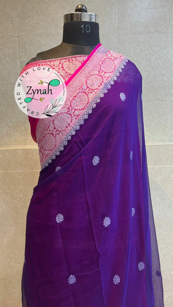 Zynah Pure Banarasi Handloom Khaddi Georgette Saree with Zari Weave; Custom Stitched/Ready-made Blouse, Fall, Petticoat; Shipping available USA, Worldwide