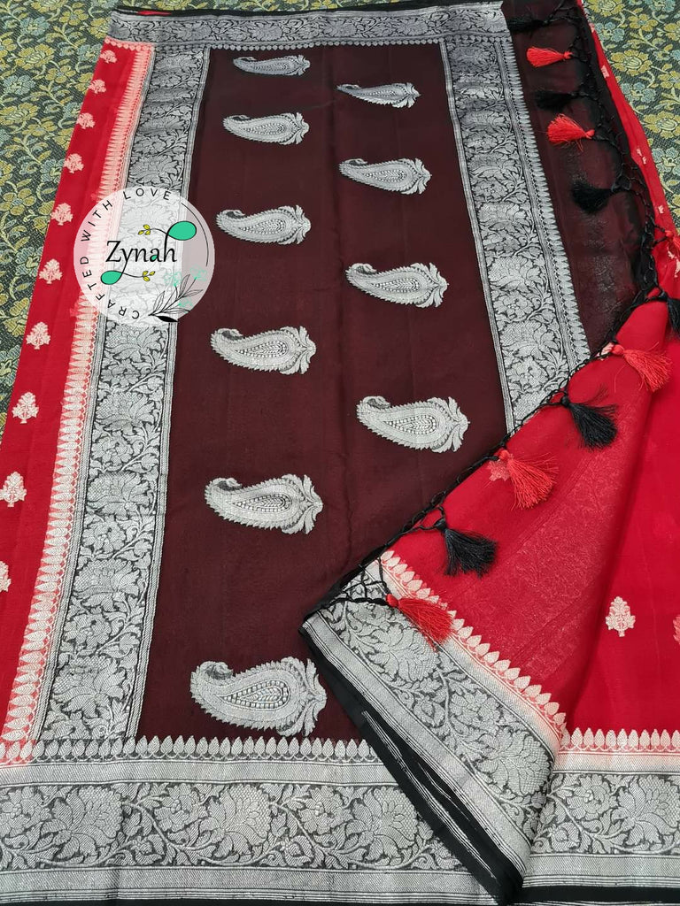 Zynah Pure Banarasi Handloom Khaddi Georgette Saree with Zari Weave; Custom Stitched/Ready-made Blouse, Fall, Petticoat; Shipping available USA, Worldwide