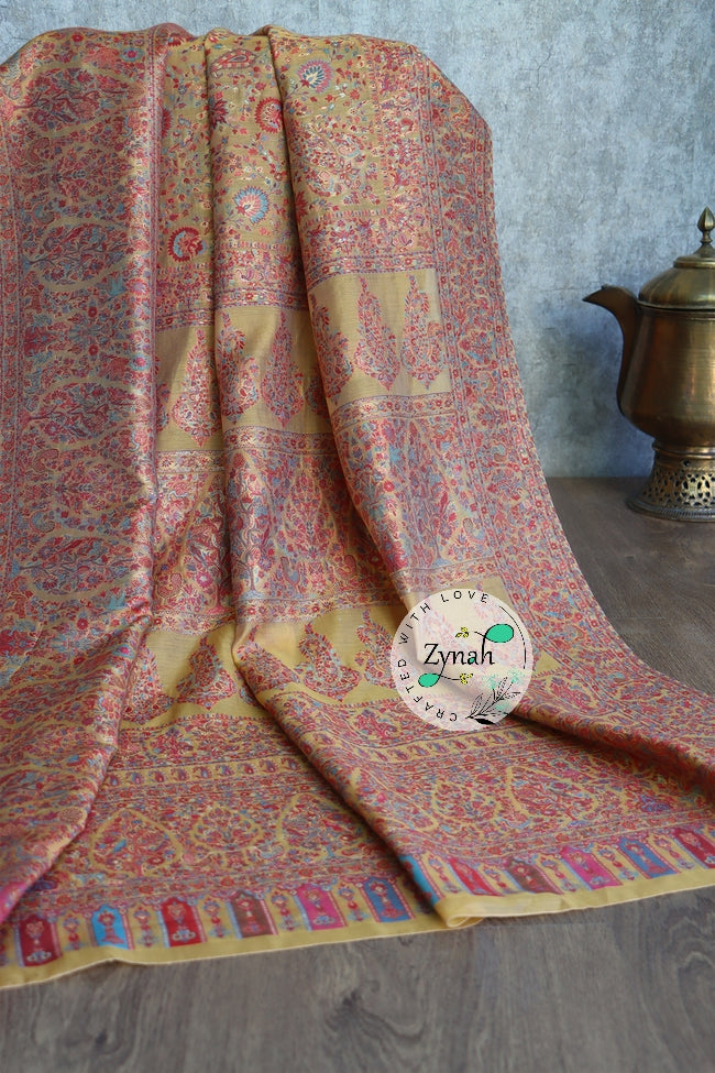Zynah Pure Silk Kani Jamawar Saree with Grand Pallu & Border; Custom Stitched/Ready-made Blouse, Fall, Petticoat; Shipping available USA, Worldwide