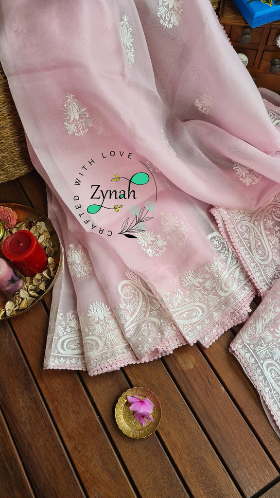 Zynah Pure Organza Silk Saree with Thread Embroidery & Crochet lace Border; Custom Stitched/Ready-made Blouse, Fall, Petticoat; Shipping available USA, Worldwide