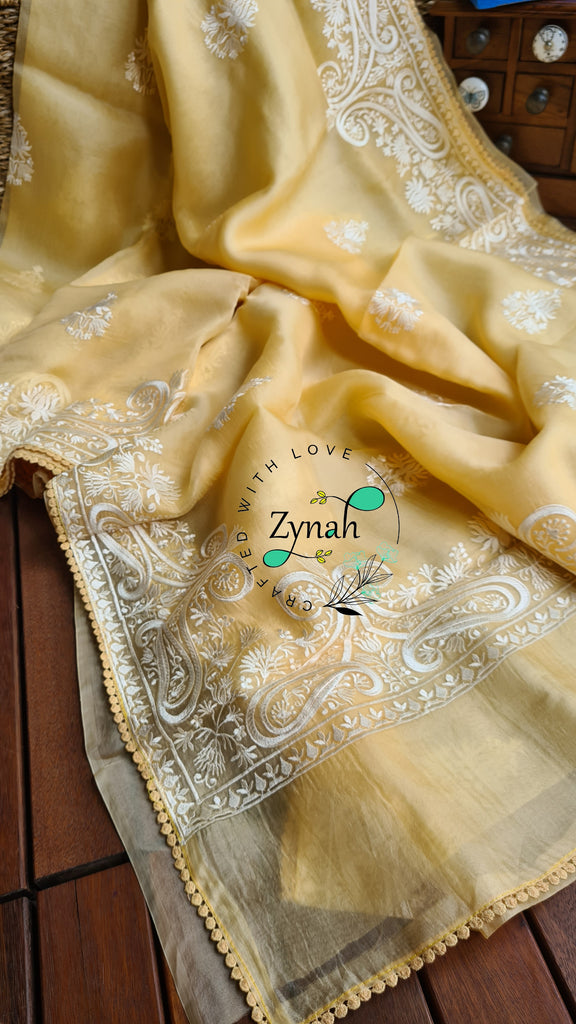 Zynah Pure Organza Silk Saree with Thread Embroidery & Crochet lace Border; Custom Stitched/Ready-made Blouse, Fall, Petticoat; Shipping available USA, Worldwide