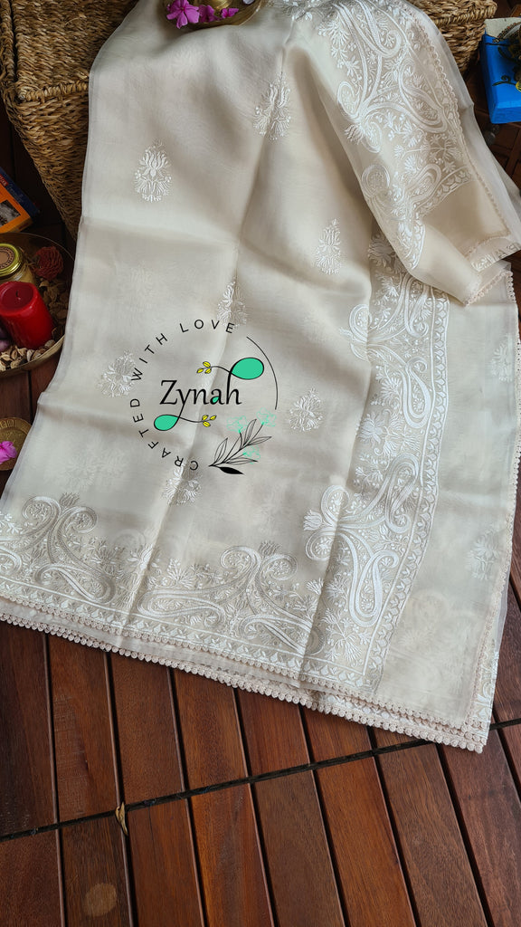 Zynah Pure Organza Silk Saree with Thread Embroidery & Crochet lace Border; Custom Stitched/Ready-made Blouse, Fall, Petticoat; Shipping available USA, Worldwide