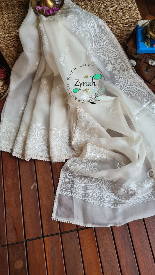 Zynah Pure Organza Silk Saree with Thread Embroidery & Crochet lace Border; Custom Stitched/Ready-made Blouse, Fall, Petticoat; Shipping available USA, Worldwide