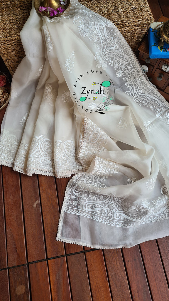 Zynah Pure Organza Silk Saree with Thread Embroidery & Crochet lace Border; Custom Stitched/Ready-made Blouse, Fall, Petticoat; Shipping available USA, Worldwide