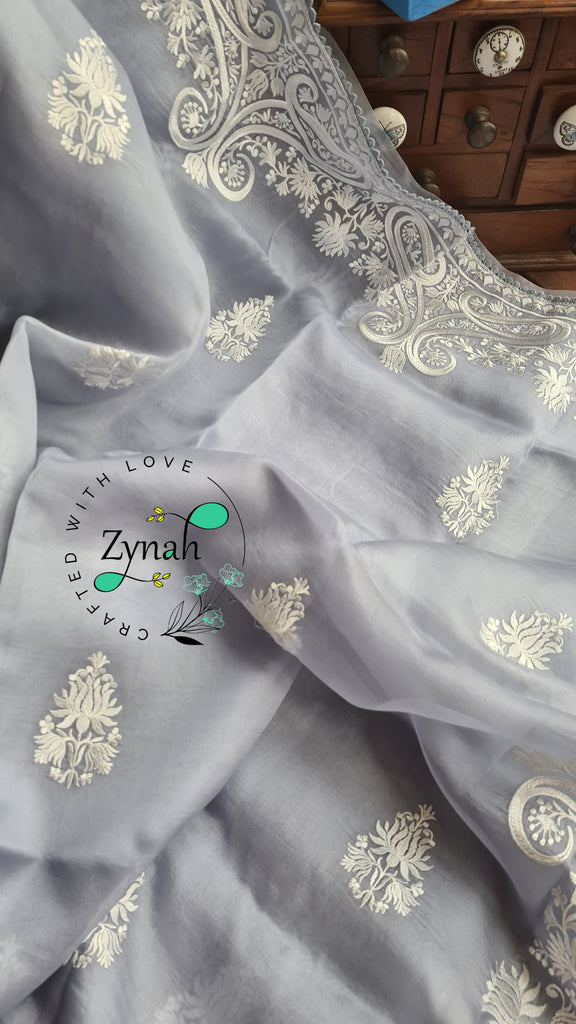 Zynah Pure Organza Silk Saree with Thread Embroidery & Crochet lace Border; Custom Stitched/Ready-made Blouse, Fall, Petticoat; Shipping available USA, Worldwide