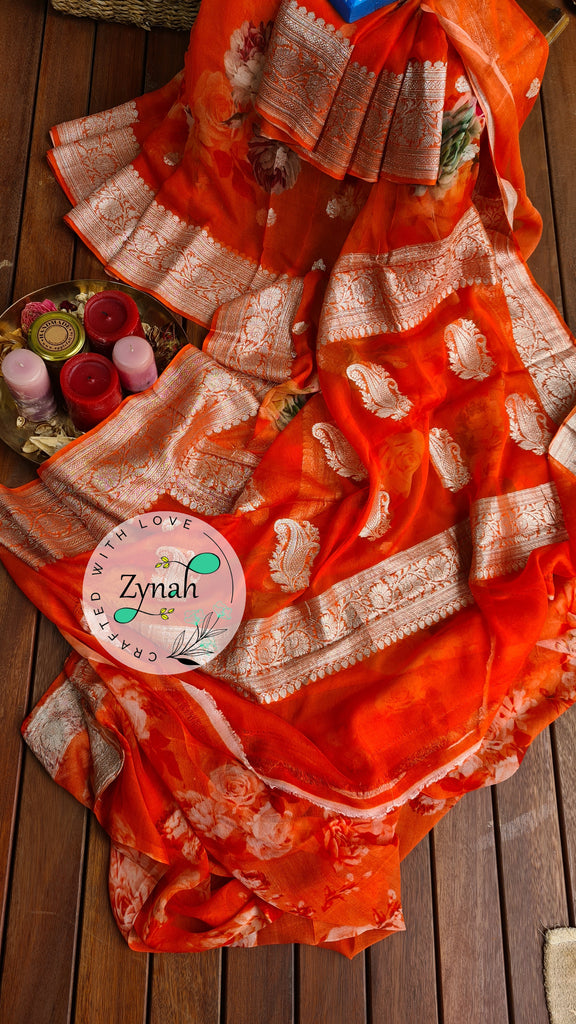Zynah Pure Khaddi Chiffon Saree with Floral Prints & Silver Zari Weave; Custom Stitched/Ready-made Blouse, Fall, Petticoat; Shipping available USA, Worldwide