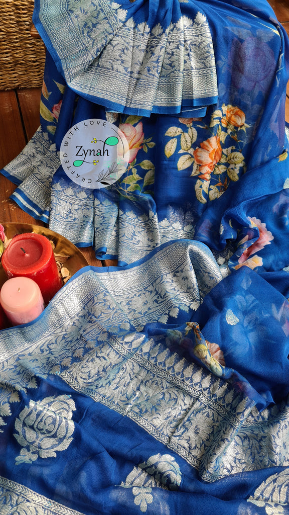 Zynah Pure Khaddi Chiffon Saree with Floral Prints & Silver Zari Weave; Custom Stitched/Ready-made Blouse, Fall, Petticoat; Shipping available USA, Worldwide