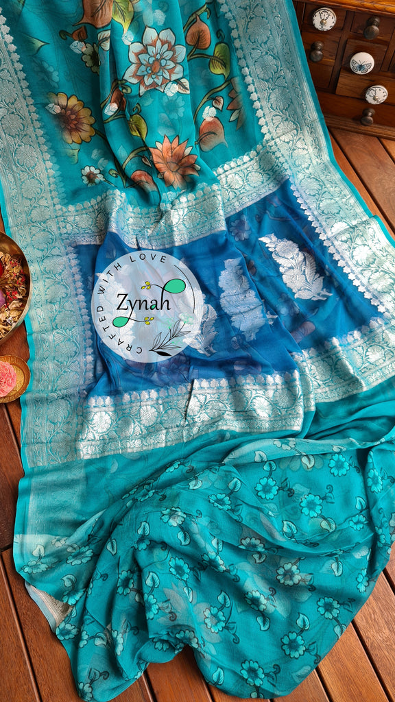 Zynah Pure Khaddi Chiffon Saree with Floral Prints & Silver Zari Weave; Custom Stitched/Ready-made Blouse, Fall, Petticoat; Shipping available USA, Worldwide