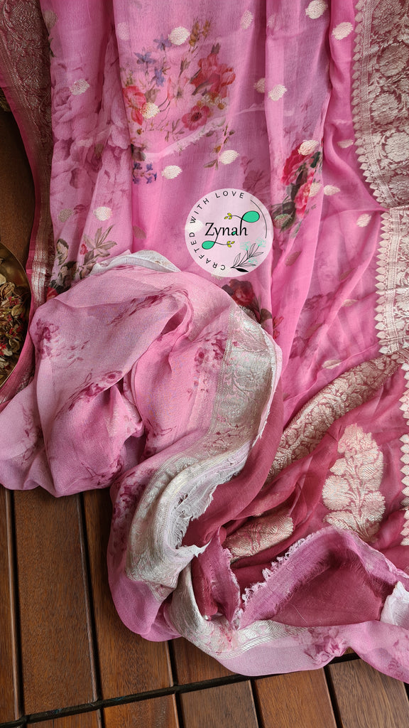 Zynah Pure Khaddi Chiffon Saree with Floral Prints & Silver Zari Weave; Custom Stitched/Ready-made Blouse, Fall, Petticoat; Shipping available USA, Worldwide