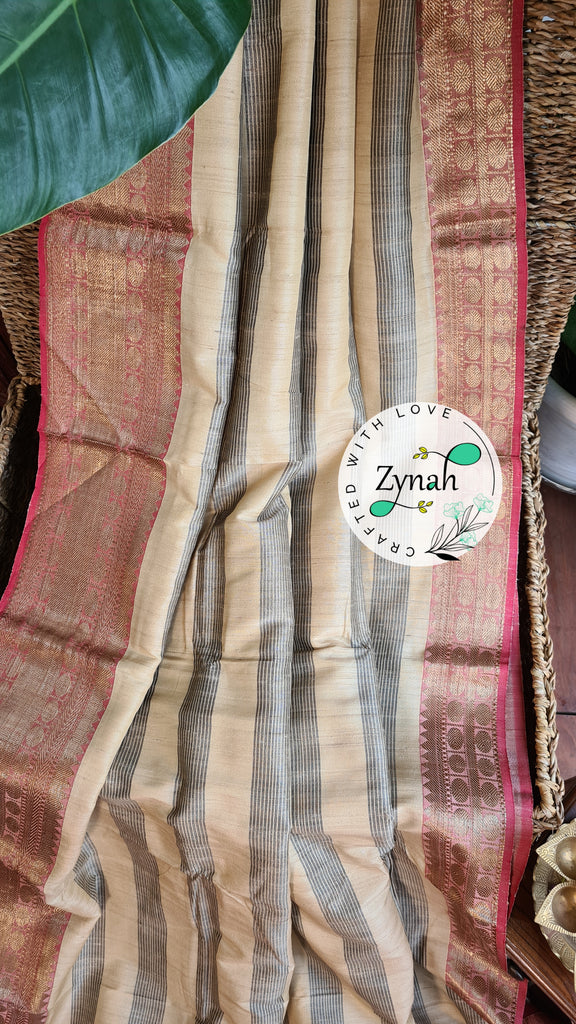 Zynah Pure Tussar Banarasi Silk Saree with Antique Zari; Custom Stitched/Ready-made Blouse, Fall, Petticoat; Shipping available USA, Worldwide