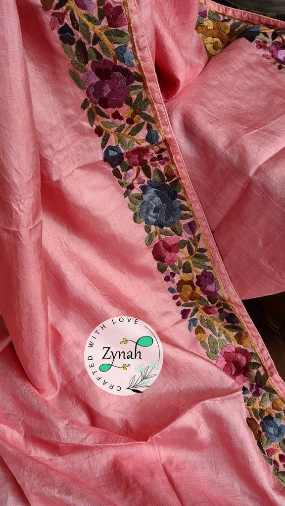 Zynah Made to Order Pure Tussar Silk Parsi Gara Handcrafted Saree; Custom Stitched/Ready-made Blouse, Fall, Petticoat; Shipping available USA, Worldwide