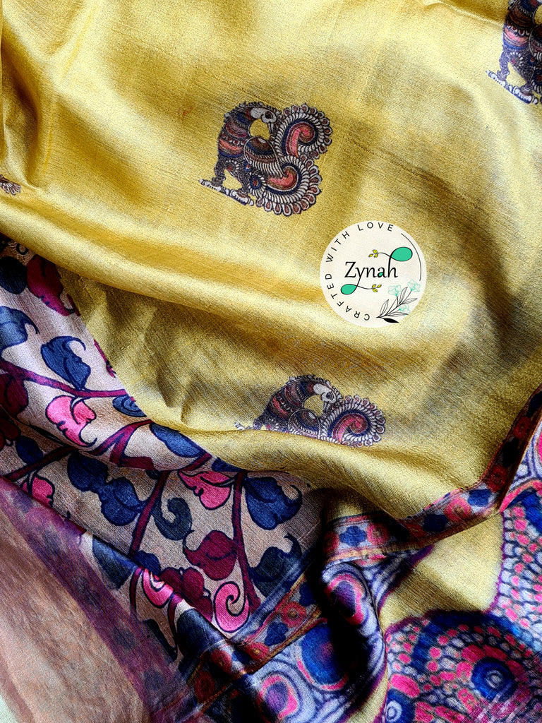 Zynah Pure Tussar Silk Saree with Digital Kalamkari Prints; Custom Stitched/Ready-made Blouse, Fall, Petticoat; Shipping available USA, Worldwide