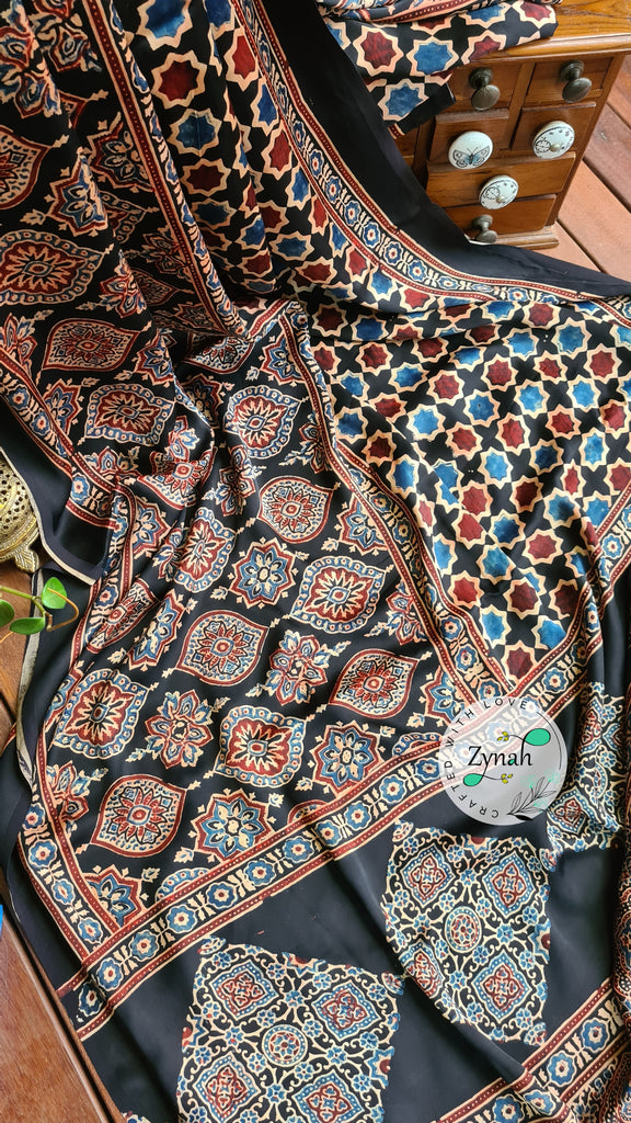 Zynah Pure Modal Silk Ajrakh Saree with Handblock Prints; Custom Stitched/Ready-made Blouse, Fall, Petticoat; Shipping available USA, Worldwide
