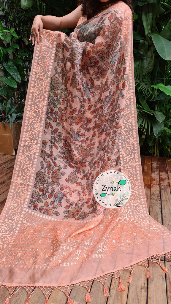 Zynah Pure Organza Silk Kalamkari Saree with Dhakai Jamdhani Thread Embroidery; Custom Stitched/Ready-made Blouse, Fall, Petticoat; Shipping available USA, Worldwide