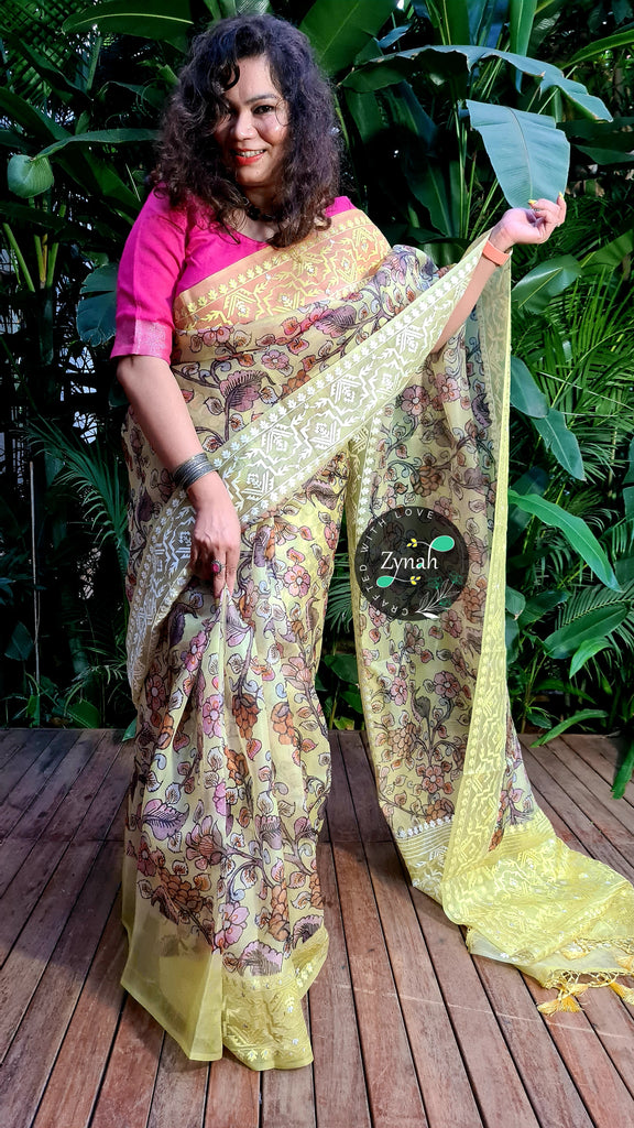 Zynah Pure Organza Silk Kalamkari Saree with Dhakai Jamdhani Thread Embroidery; Custom Stitched/Ready-made Blouse, Fall, Petticoat; Shipping available USA, Worldwide