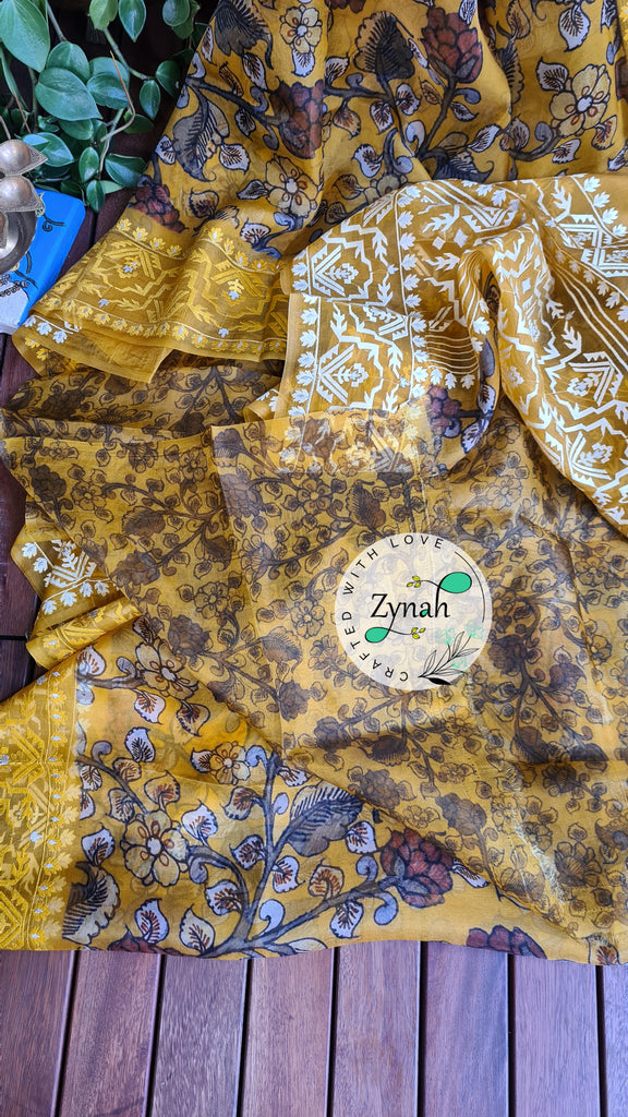 Zynah Pure Organza Silk Kalamkari Saree with Dhakai Jamdhani Thread Embroidery; Custom Stitched/Ready-made Blouse, Fall, Petticoat; Shipping available USA, Worldwide