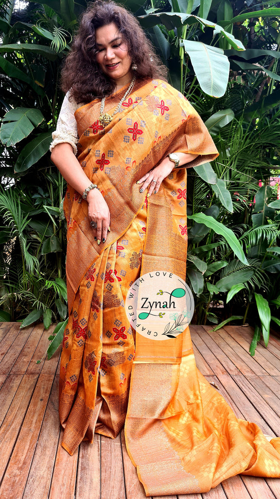 Zynah Pure Tussar Silk Banarasi Patan Patola inspired Saree with Antique zari weave; Custom Stitched/Ready-made Blouse, Fall, Petticoat; Shipping available USA, Worldwide