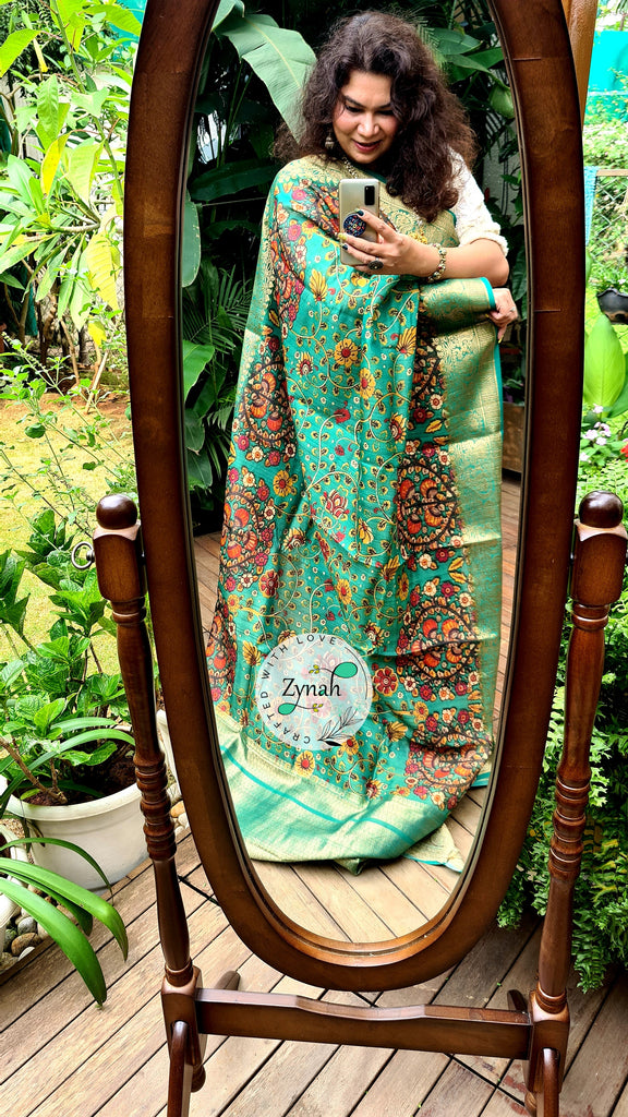 Zynah Pure Tussar Silk Banarasi Kalamkari Saree with Antique zari weave; Custom Stitched/Ready-made Blouse, Fall, Petticoat; Shipping available USA, Worldwide