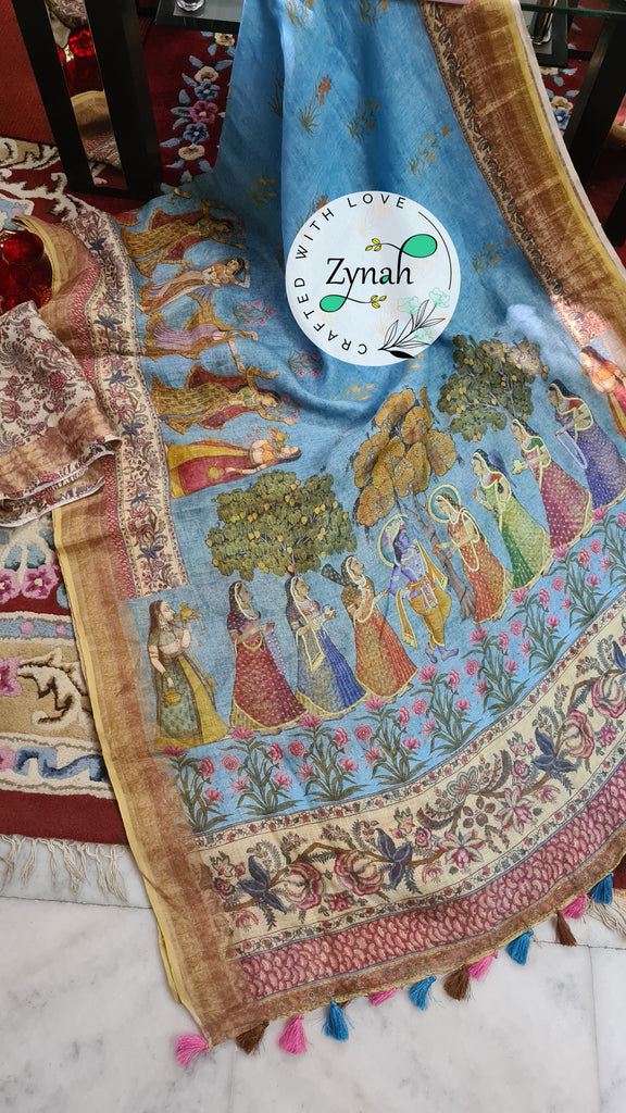 Zynah Organic Pure Linen by Linen(120c) Saree with Digital Kalamkari Prints; Custom Stitched/Ready-made Blouse, Fall, Petticoat; Shipping available USA, Worldwide