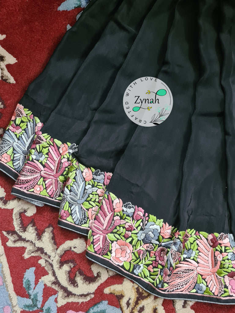 Zynah Made to Order Black Pure Crepe Silk Parsi Gara Handcrafted Saree; Custom Stitched/Ready-made Blouse, Fall, Petticoat; Shipping available USA, Worldwide