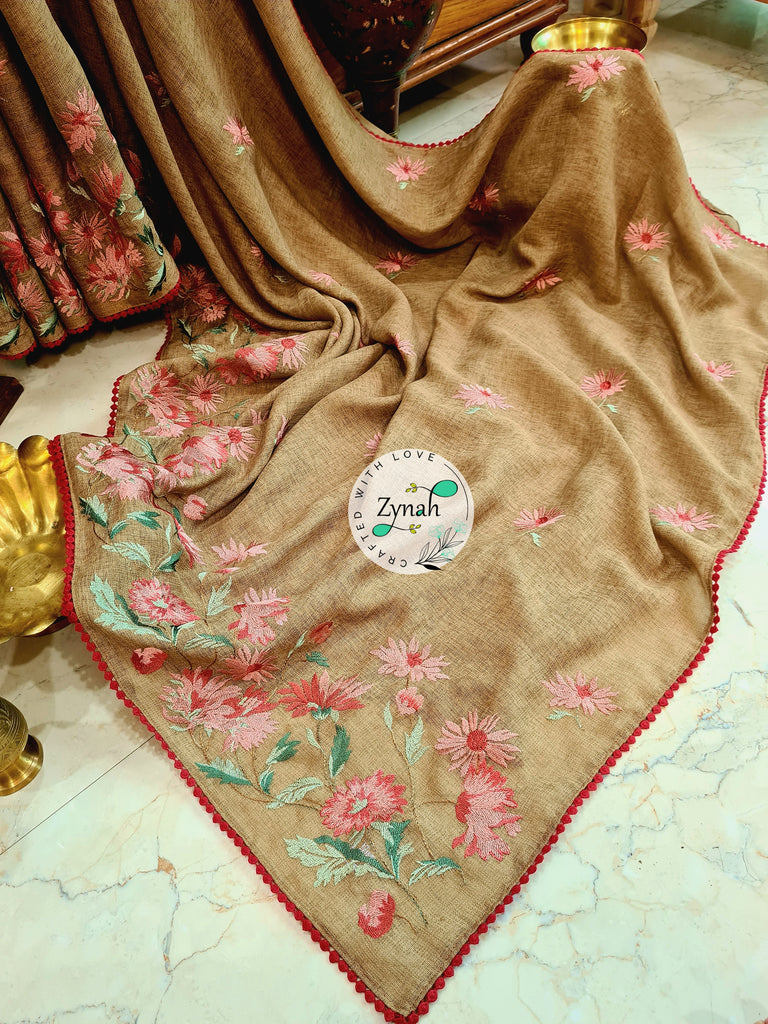 Zynah Pure Jute Muslin Embroidery Saree with Crochet lace; Custom Stitched/Ready-made Blouse, Fall, Petticoat; Shipping available USA, Worldwide