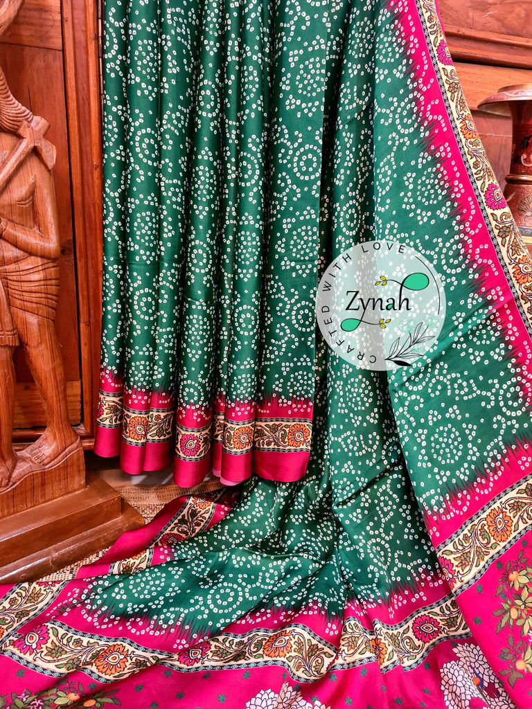 Zynah Pure Gajji Silk Saree with Bandhani & Pichwai Prints, Amdavadi Pallu; Custom Stitched/Ready-made Blouse, Fall, Petticoat; Shipping available USA, Worldwide