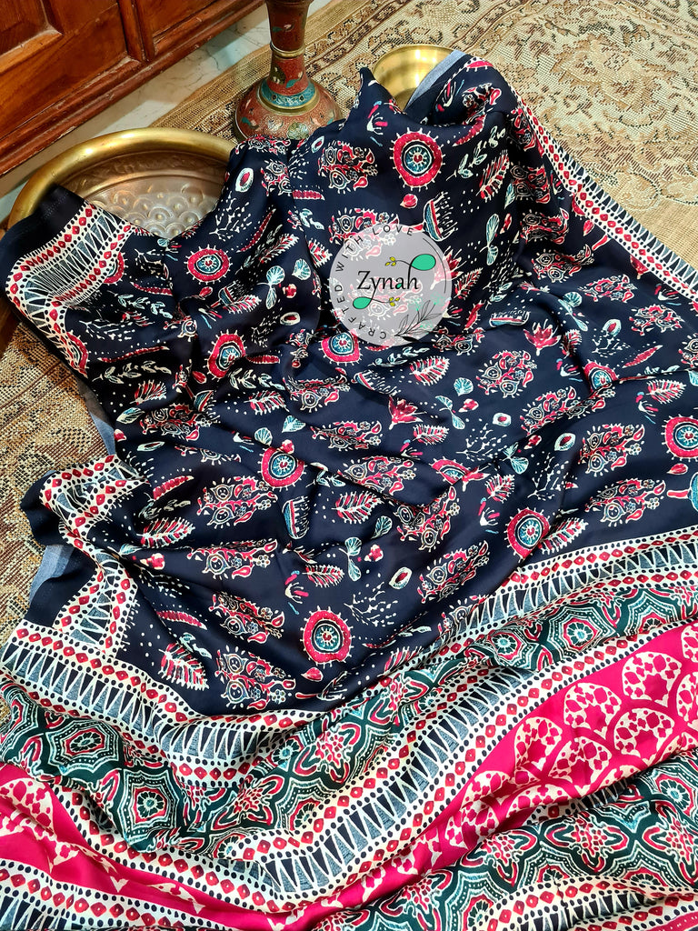 Zynah Pure Gajji Silk Ajrakh Saree with tissue zari pallu & Handblock Printed; Custom Stitched/Ready-made Blouse, Fall, Petticoat; Shipping available USA, Worldwide