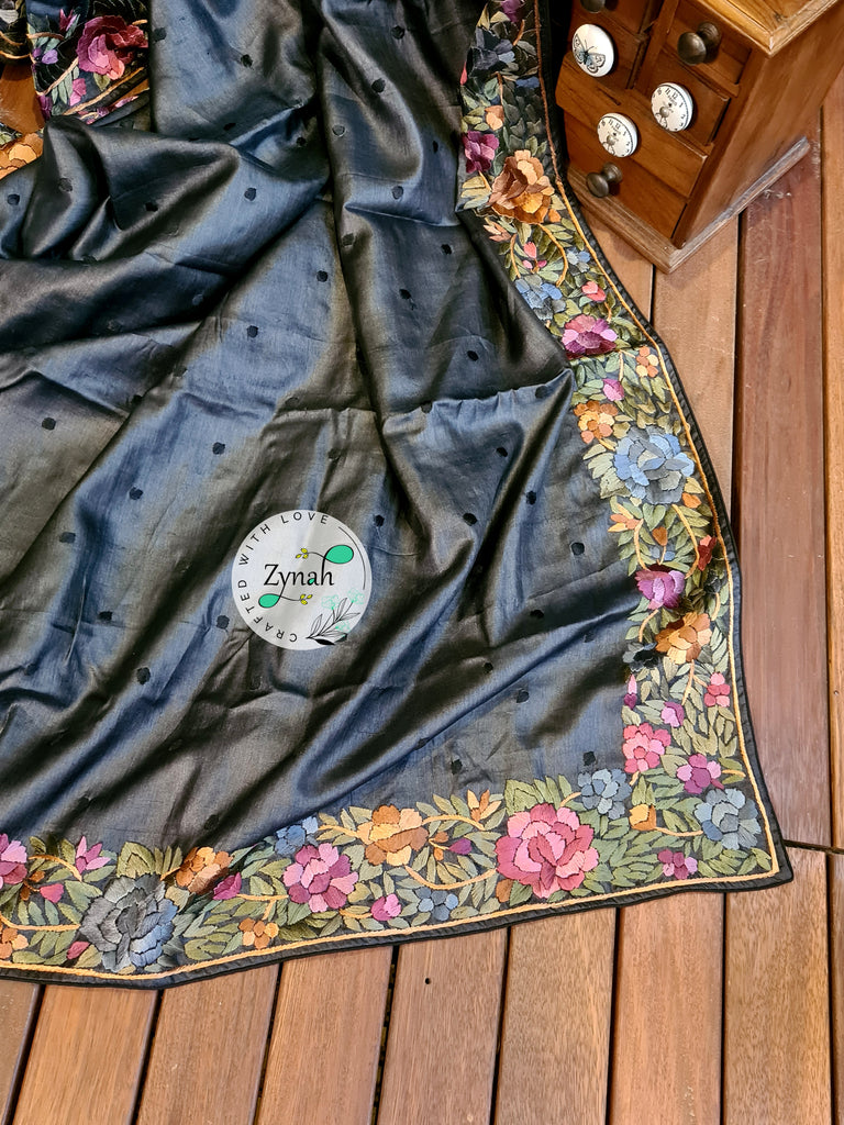Zynah Made to Order Pure Tussar Silk Parsi Gara Handcrafted Saree; Custom Stitched/Ready-made Blouse, Fall, Petticoat; Shipping available USA, Worldwide