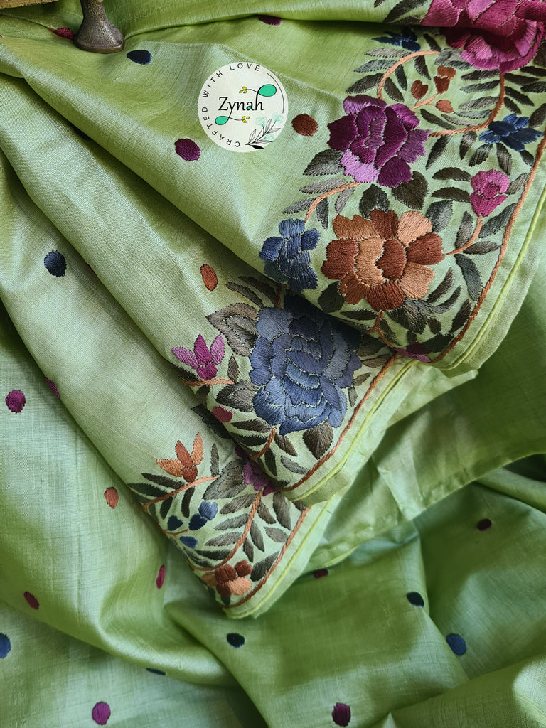 Zynah Pure Tussar Silk Parsi Gara Handcrafted Saree; Custom Stitched/Ready-made Blouse, Fall, Petticoat; Shipping available USA, Worldwide