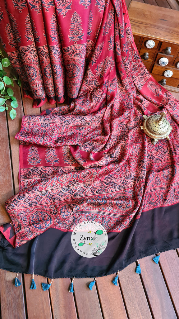 Zynah Pure Modal Silk Ajrakh Saree with Handblock Prints; Custom Stitched/Ready-made Blouse, Fall, Petticoat; Shipping available USA, Worldwide