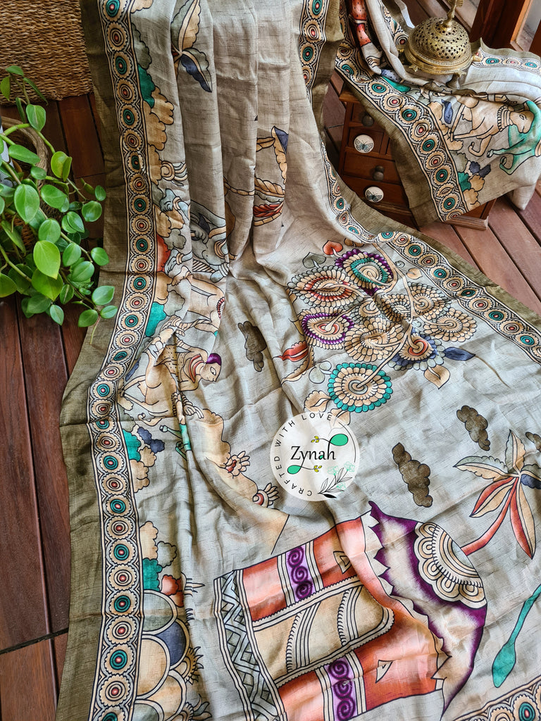 Zynah Pure Gajji Silk Tribal Kalamkari Printed Saree with Tissue Zari Pallu; Custom Stitched/Ready-made Blouse, Fall, Petticoat; Shipping available USA, Worldwide
