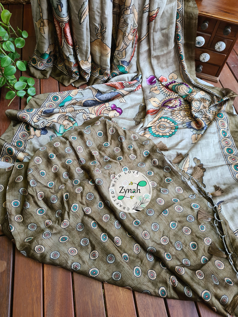 Zynah Pure Gajji Silk Tribal Kalamkari Printed Saree with Tissue Zari Pallu; Custom Stitched/Ready-made Blouse, Fall, Petticoat; Shipping available USA, Worldwide