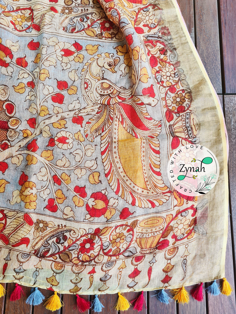 Zynah Kalamkari Organic Lab Tested 120 Count pure 'Linen by Linen' Saree; Custom Stitched/Ready-made Blouse, Fall, Petticoat; Shipping available USA, Worldwide