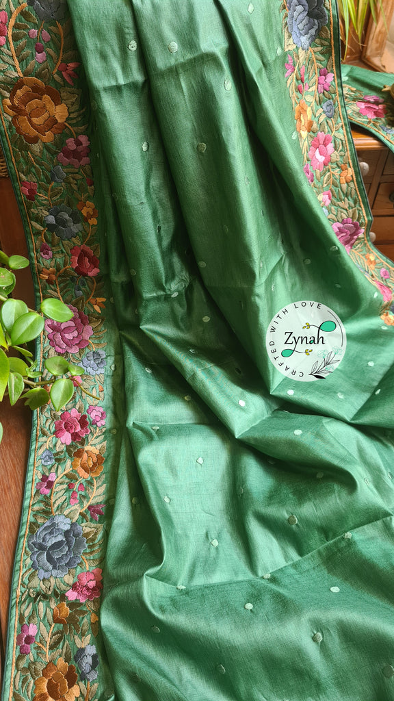 Zynah Made to Order Pure Tussar Silk Parsi Gara Handcrafted Saree; Custom Stitched/Ready-made Blouse, Fall, Petticoat; Shipping available USA, Worldwide