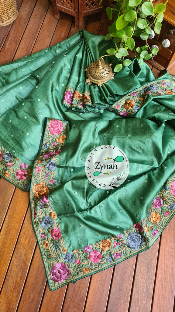 Zynah Made to Order Pure Tussar Silk Parsi Gara Handcrafted Saree; Custom Stitched/Ready-made Blouse, Fall, Petticoat; Shipping available USA, Worldwide