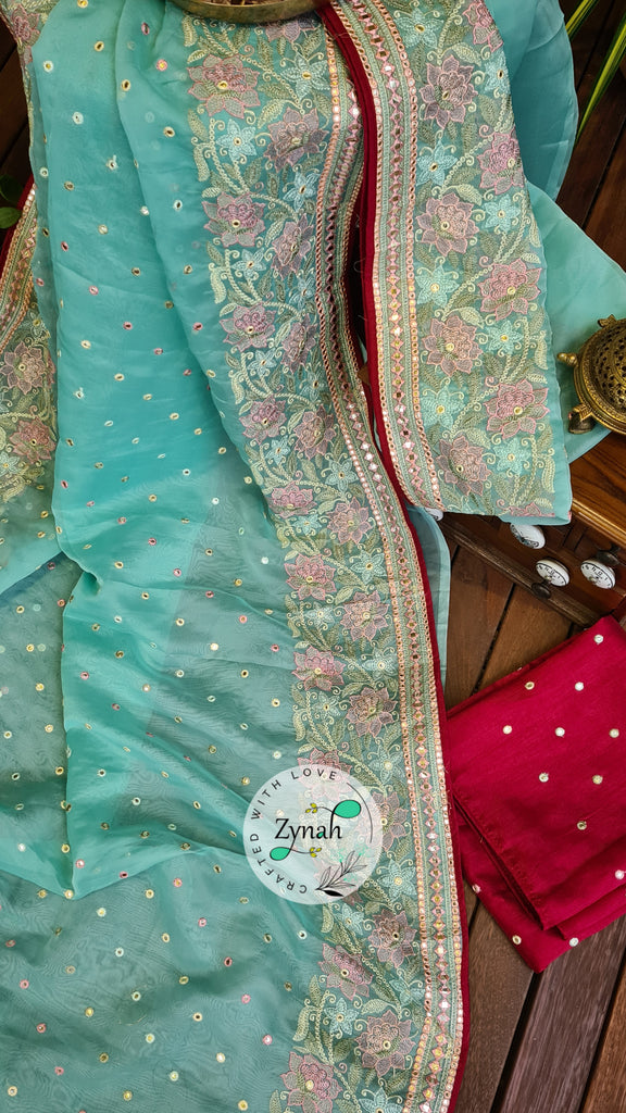 Zynah Pure Organza Silk Saree with Foil Mirror Work & Thread Embroidery; Custom Stitched/Ready-made Blouse, Fall, Petticoat; Shipping available USA, Worldwide