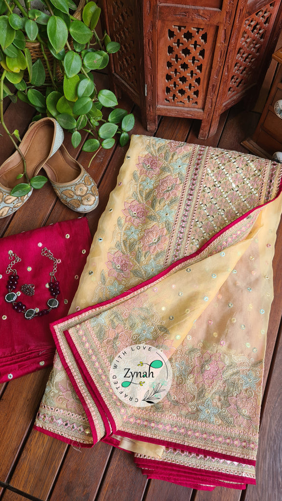 Zynah Pure Organza Silk Saree with Foil Mirror Work & Thread Embroidery; Custom Stitched/Ready-made Blouse, Fall, Petticoat; Shipping available USA, Worldwide