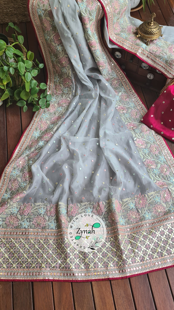 Zynah Pure Organza Silk Saree with Foil Mirror Work & Thread Embroidery; Custom Stitched/Ready-made Blouse, Fall, Petticoat; Shipping available USA, Worldwide