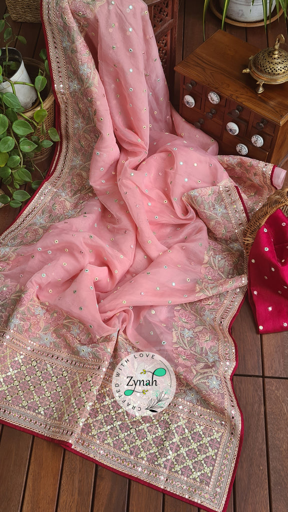 Zynah Pure Organza Silk Saree with Foil Mirror Work & Thread Embroidery; Custom Stitched/Ready-made Blouse, Fall, Petticoat; Shipping available USA, Worldwide