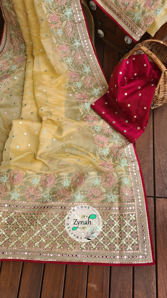 Zynah Pure Organza Silk Saree with Foil Mirror Work & Thread Embroidery; Custom Stitched/Ready-made Blouse, Fall, Petticoat; Shipping available USA, Worldwide