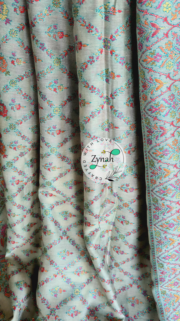 Zynah Pure Silk Kani Jamawar Style Saree with Grand Pallu & Border; Custom Stitched/Ready-made Blouse, Fall, Petticoat; Shipping available USA, Worldwide