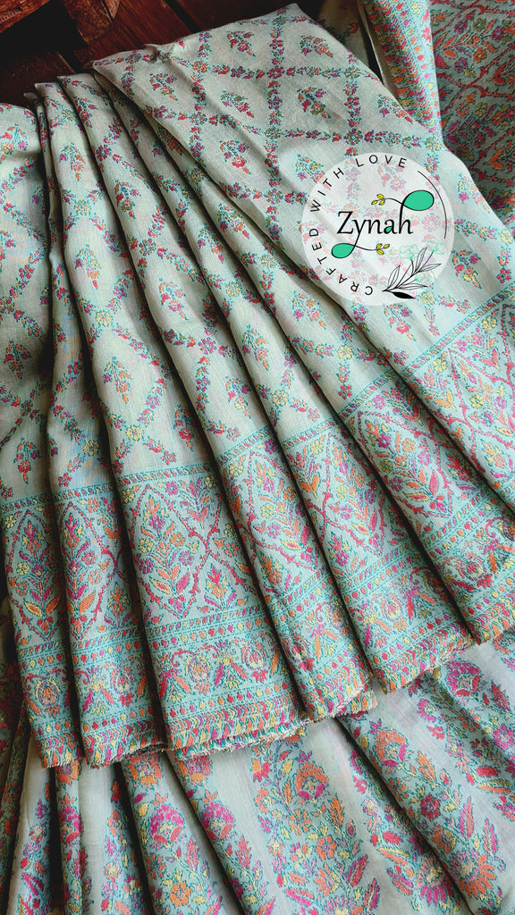 Zynah Pure Silk Kani Jamawar Style Saree with Grand Pallu & Border; Custom Stitched/Ready-made Blouse, Fall, Petticoat; Shipping available USA, Worldwide