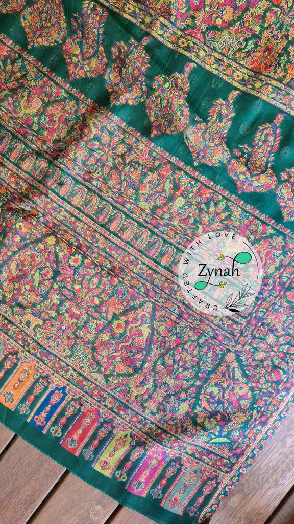Zynah Green Kashmiri Pure Kani Silk Jamavar Saree | Kashmiri Traditional Pashmina Pure Silk Kani Saree; Custom Stitched/Ready-made Blouse, Fall, Petticoat; SKU: 0903202206
