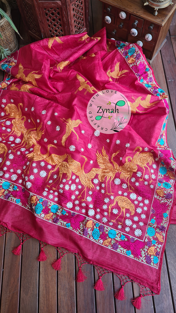 Zynah Pure Tussar Silk Parsi work Inspired Saree, Flamingo Bird Motifs; Custom Stitched/Ready-made Blouse, Fall, Petticoat; Shipping available USA, Worldwide