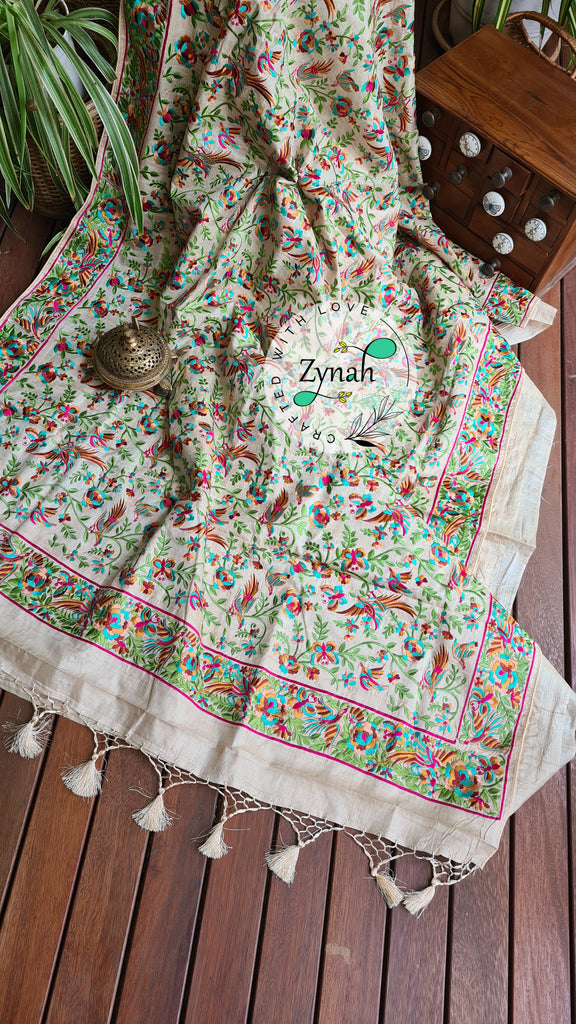 Zynah Pure Tussar Silk Parsi work Inspired Saree, Flamingo Bird Motifs; Custom Stitched/Ready-made Blouse, Fall, Petticoat; Shipping available USA, Worldwide