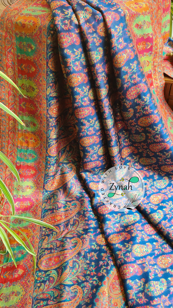 Zynah Blue & Orange Kashmiri Pure Kani Silk Jamavar Saree | Kashmiri Traditional Pashmina Pure Silk Kani Saree; Custom Stitched/Ready-made Blouse, Fall, Petticoat; SKU: 2103202201