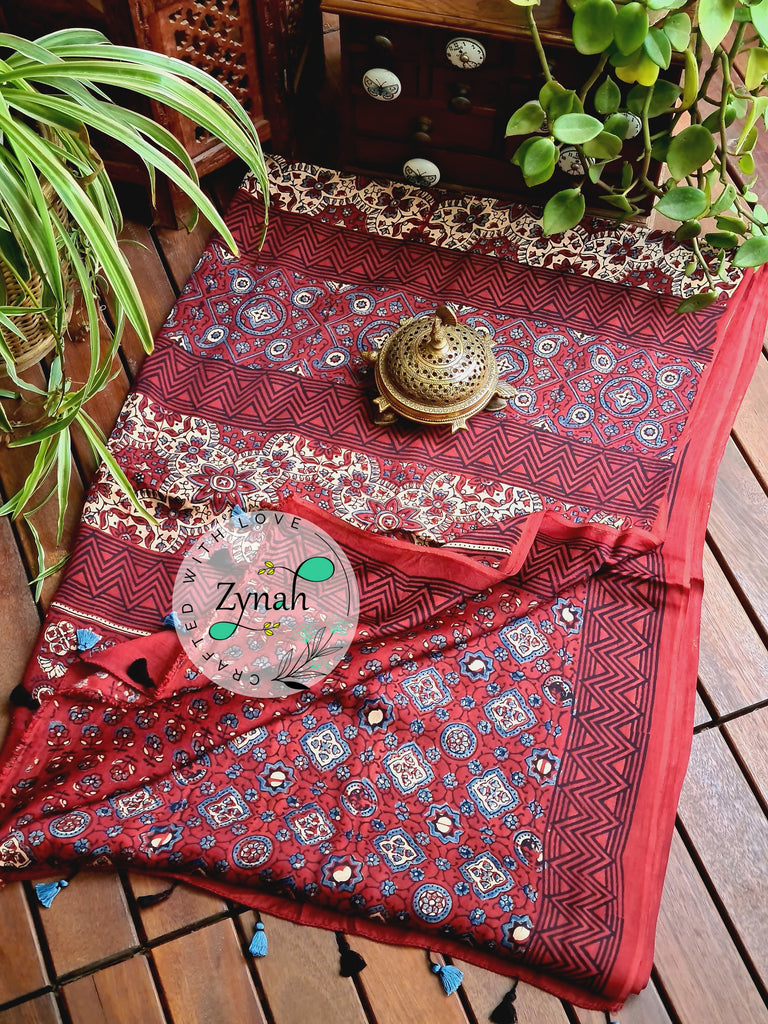 Zynah Pure Modal Silk Ajrakh Saree with Handblock Prints; Custom Stitched/Ready-made Blouse, Fall, Petticoat; Shipping available USA, Worldwide