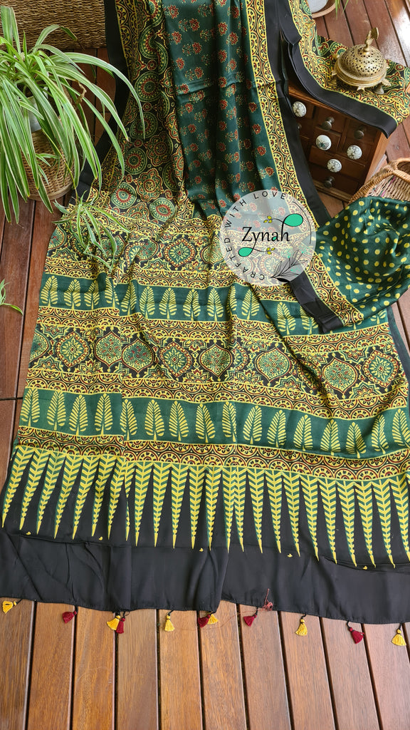 Zynah Pure Modal Silk Ajrakh Saree with Handblock Prints; Custom Stitched/Ready-made Blouse, Fall, Petticoat; Shipping available USA, Worldwide